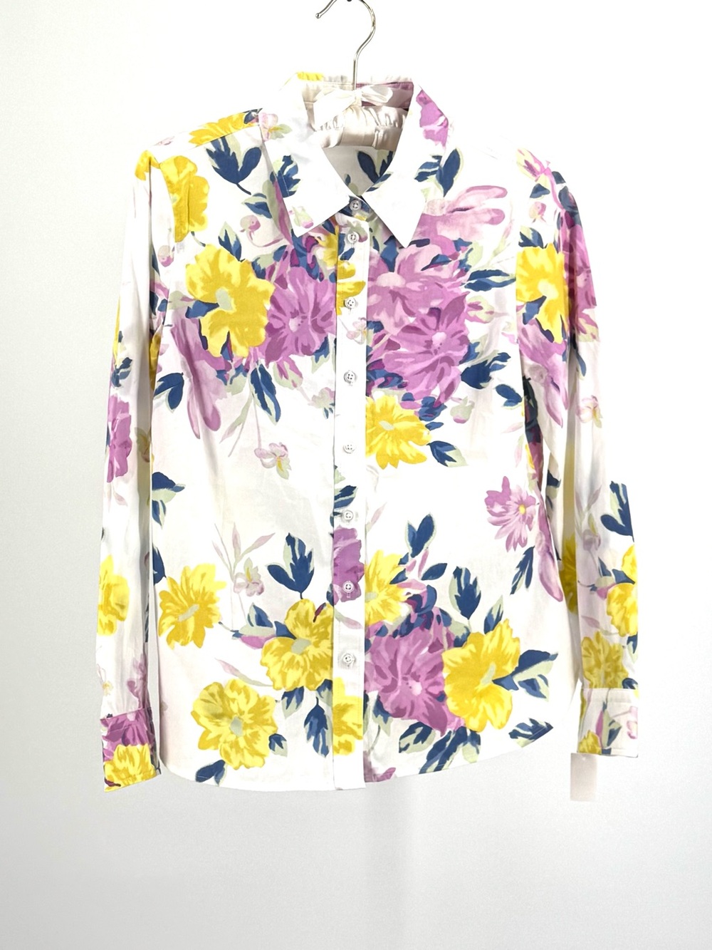 Talbots Petites Purple Yellow Floral Bouquet Classic Cotton Shirt Size S NWT